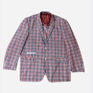 Men’s 3X Plaid Blazer Sport Coat Red White Black and Blue Big & Tall Jacket